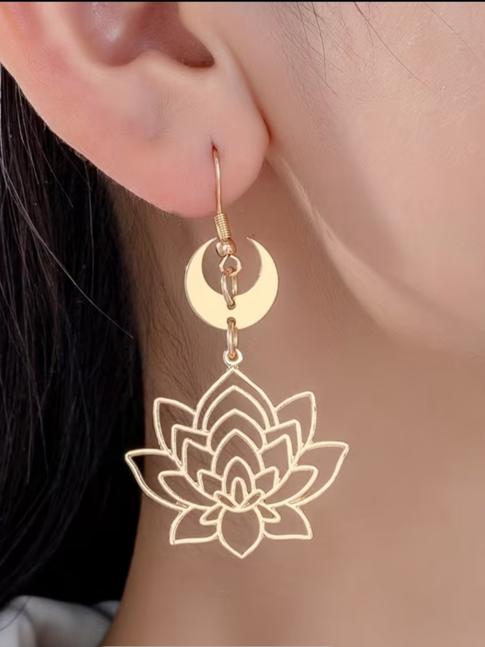 Golden Lotus Moon Drop Earrings - Women Jewelry